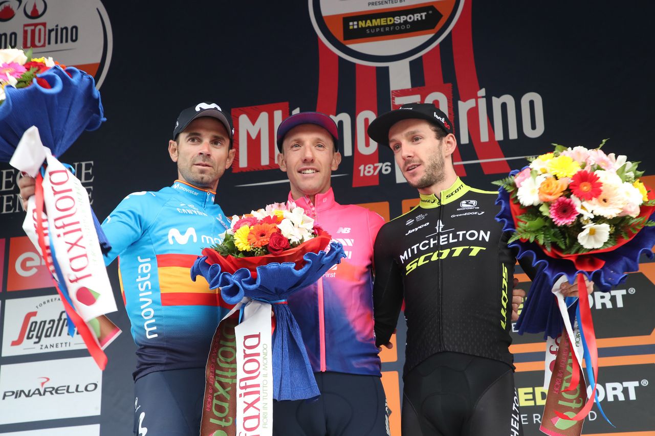 The final podium (L-R): Alejandro Valverde, Michael Woods and Adam Yates