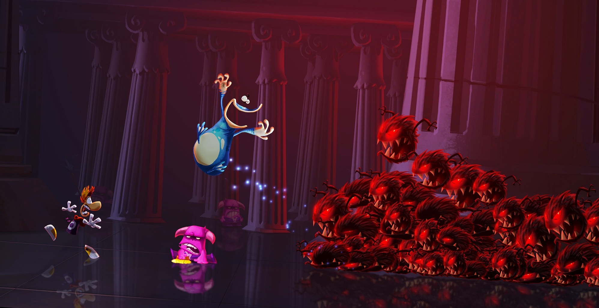 A group of monsters chasing Rayman in Rayman Legends