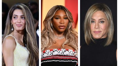 Collage of Amal Clooney, Serena Williams and Jennifer Aniston with the Teddy Blonde hair trend