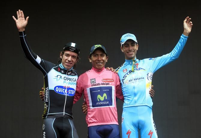 The final podium of the 2014 Giro d'Italia: Rigoberto Uran, Nairo Quintana and Fabio Aru