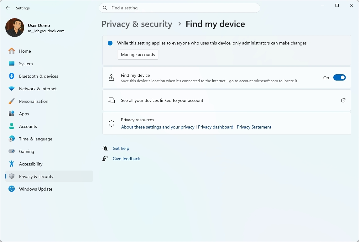 Find My Device settings