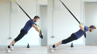 Niko Algieri demonstrates two positions of the TRX chest press