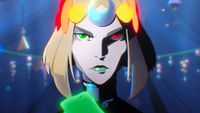 A screencap of the Hades 2 console release trailer. Main character Melinoe glares toward the viewer with her green and red eyes.