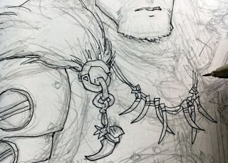 Dark pencil marks sketching out the necklace and cloak detail