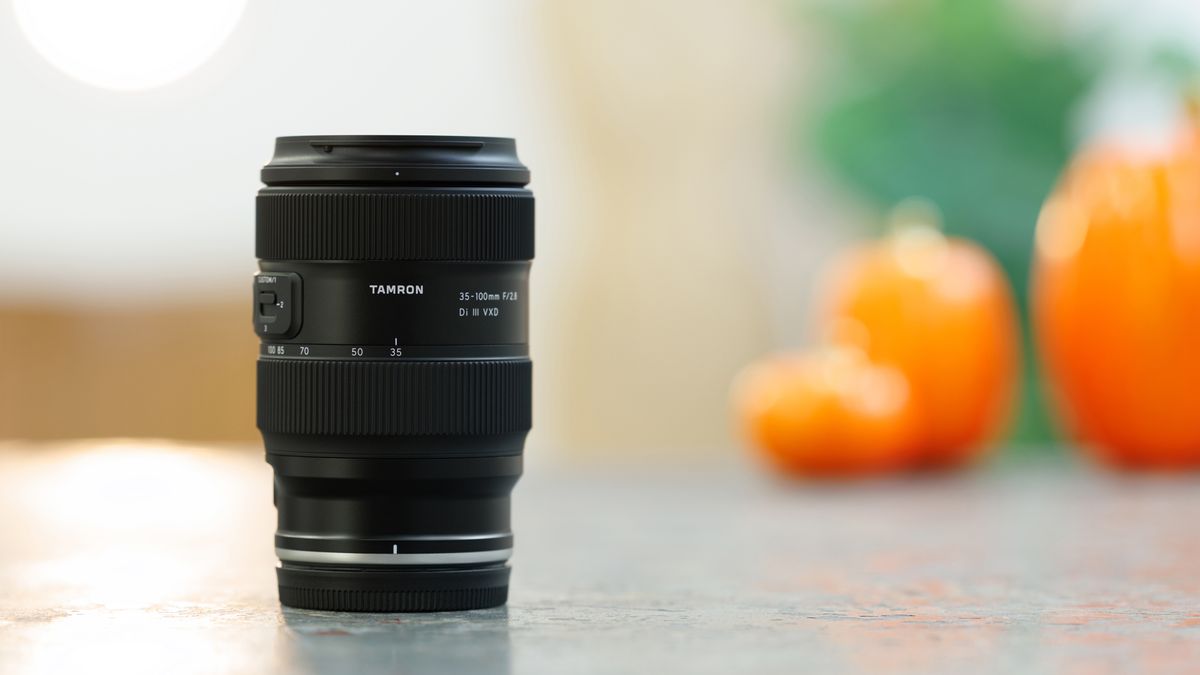 The Tamron 35-100mm f/2.8 Di III VXD lens on a countertop