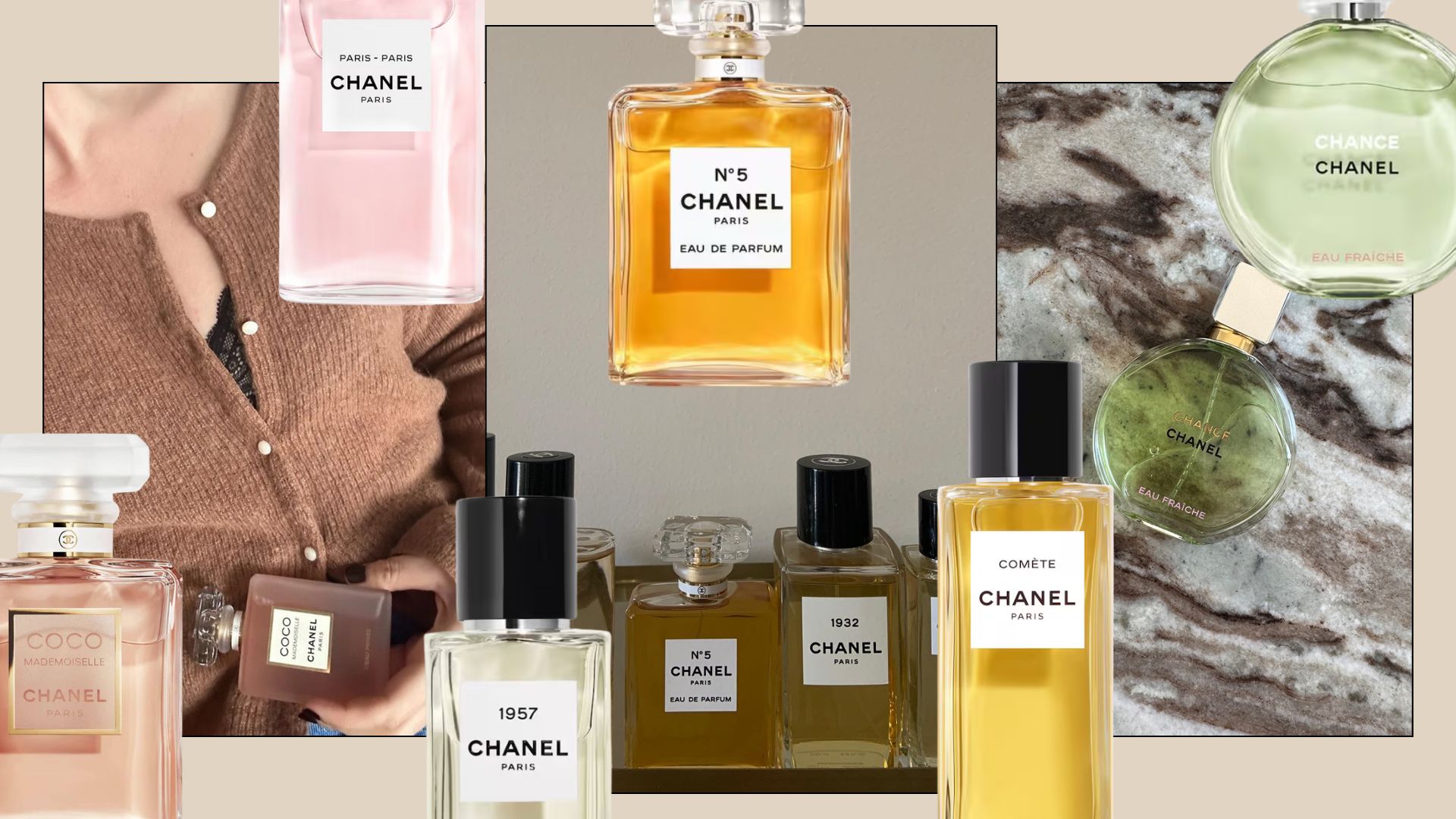 A collage with bottles of Chanel perfumes