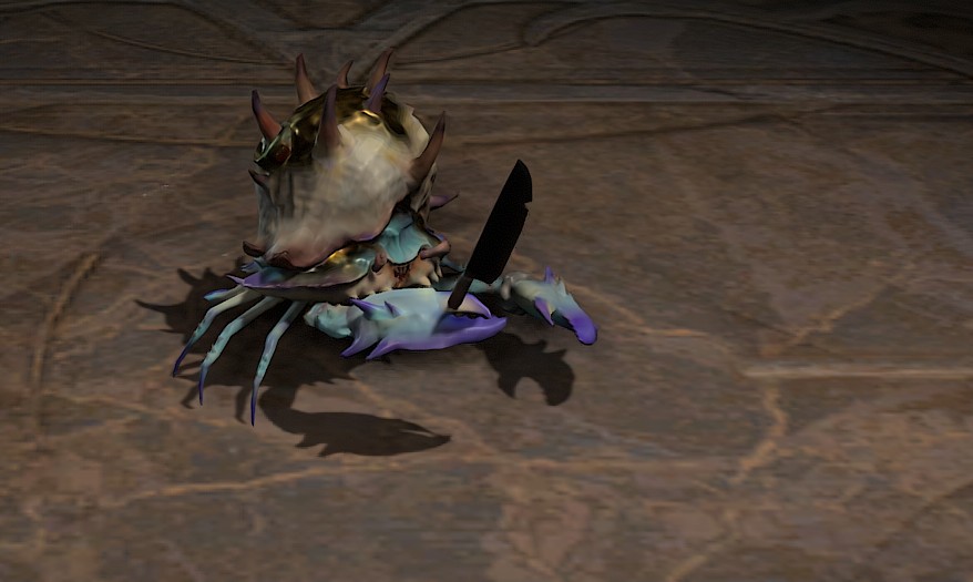 A cartoonish crab with a spiky shell holds a knife with its claw, standing on a textured stone surface. 