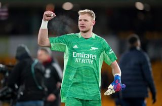 Arsenal goalkeeper Aaron Ramsdale celebrates after the Premier League match at Molineux Stadium, Wolverhampton. Picture date: Thursday February 10, 2022
