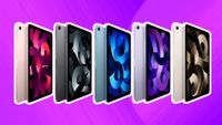 A product shot of multiple iPad Airs against a colourful background