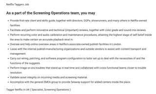 Specialist screening operations job Netflix