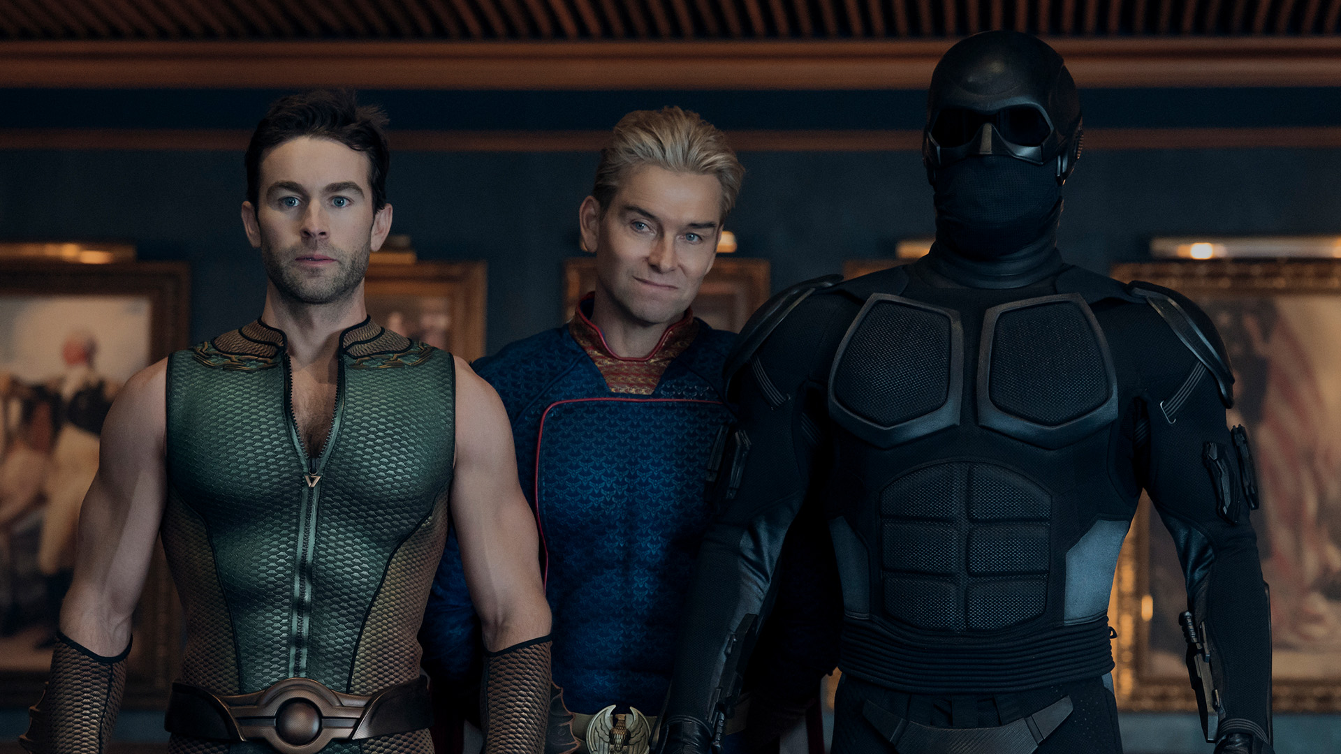 Chace Crawford as The Deep, Antony Starr as Homelander, and Nathan Mitchell as Black Noir in The Boys.