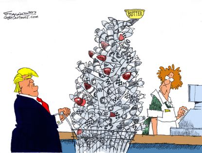 Political Cartoon U.S. President Trump defense spending nuclear warhead stock up