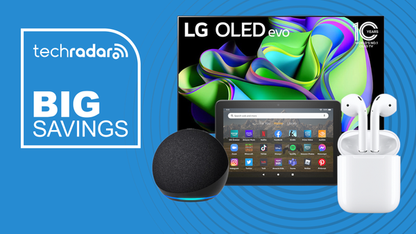 LG C4 OLED TV, Amazon Echo Dot speaker, Fire tablet and Apple Airpods on a blue background