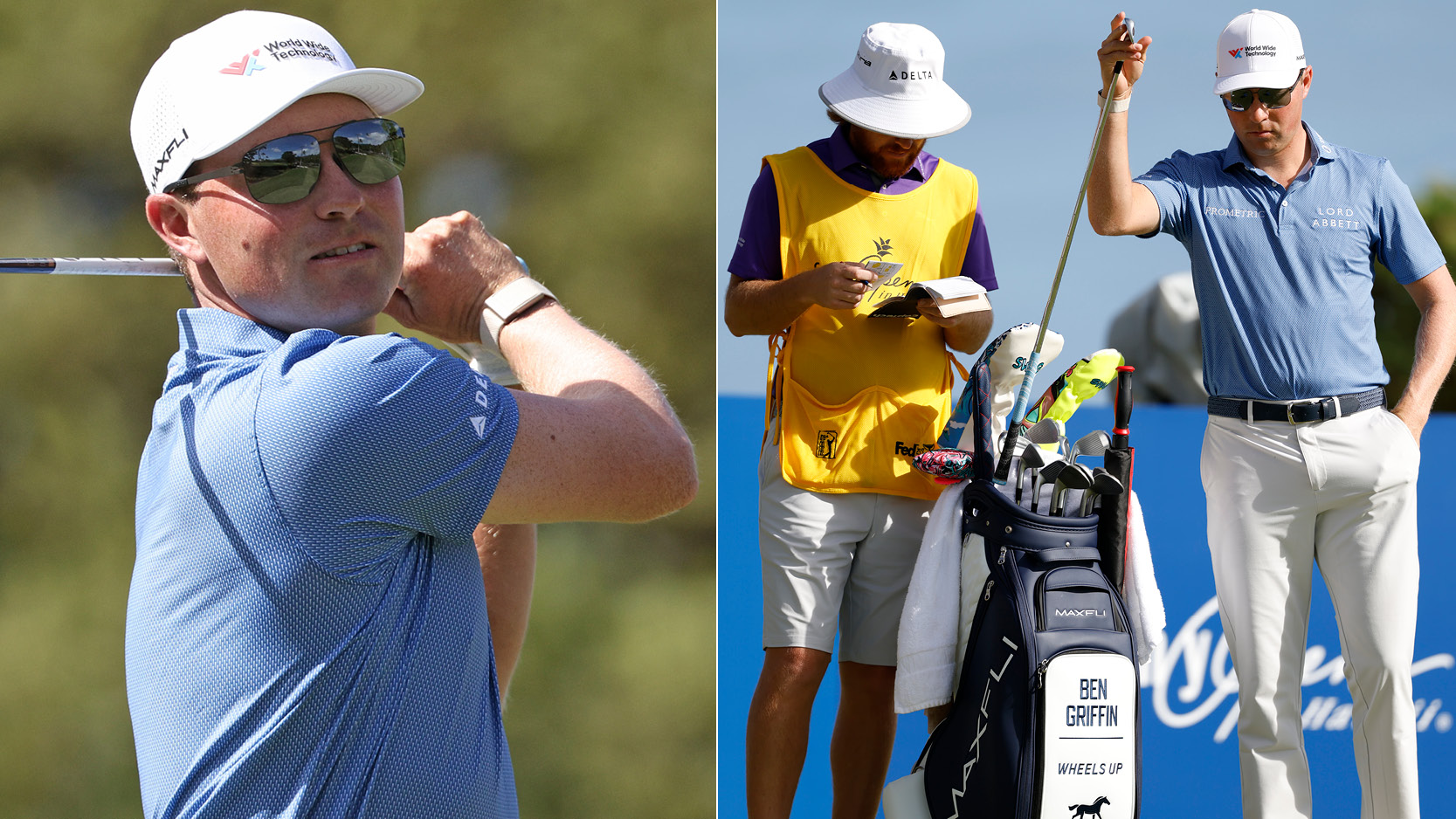 Ben Griffin hits a golf shot and pulls a club from his golf bag