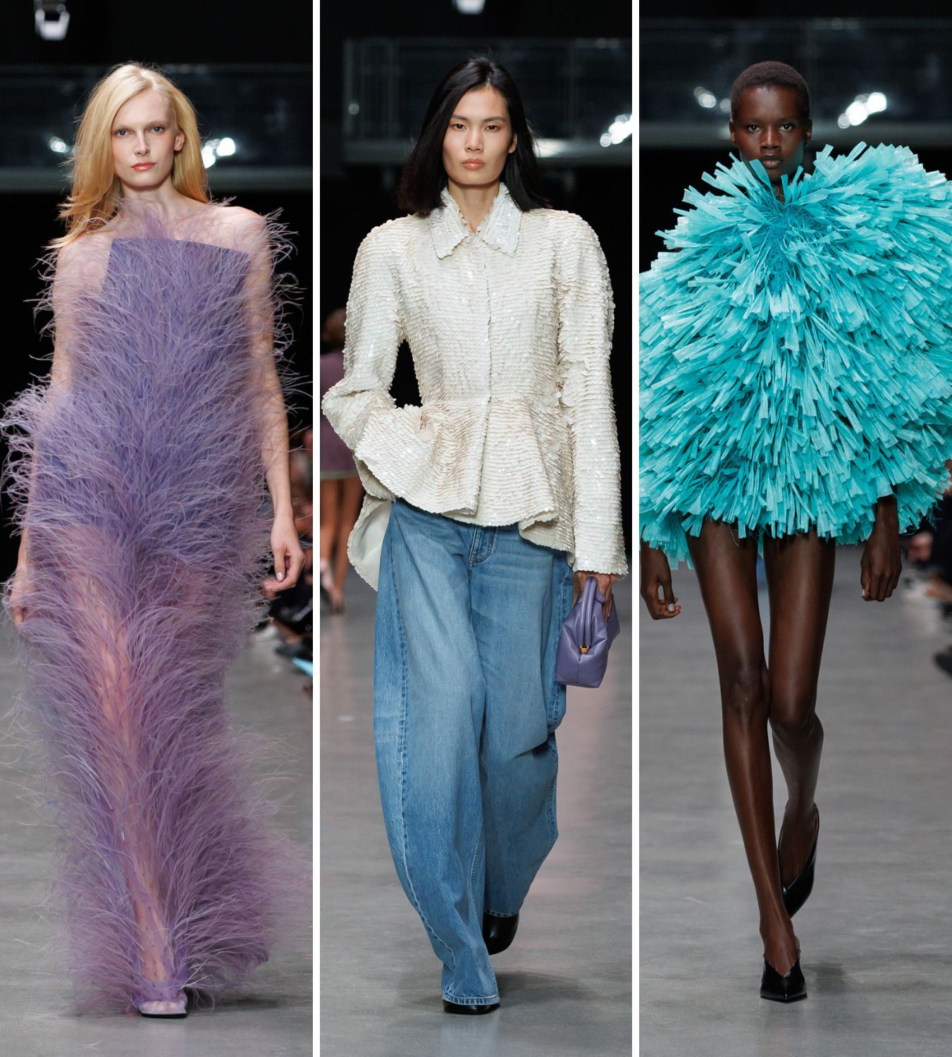 three models on the stella mccartney ss26 catwalk in paris