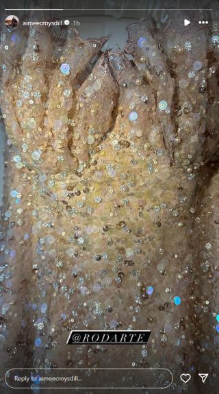 A close up of Nicola Coughlan's light pink sparkly dress from the London screening of Bridgerton Season 3, Part 2.