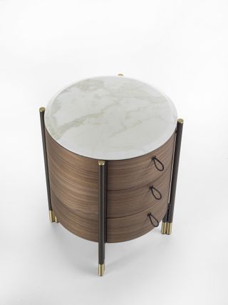 Milan Design Week Porada Bayus Tondo 3 drawer rounded bedside table in wood with light grey marble top