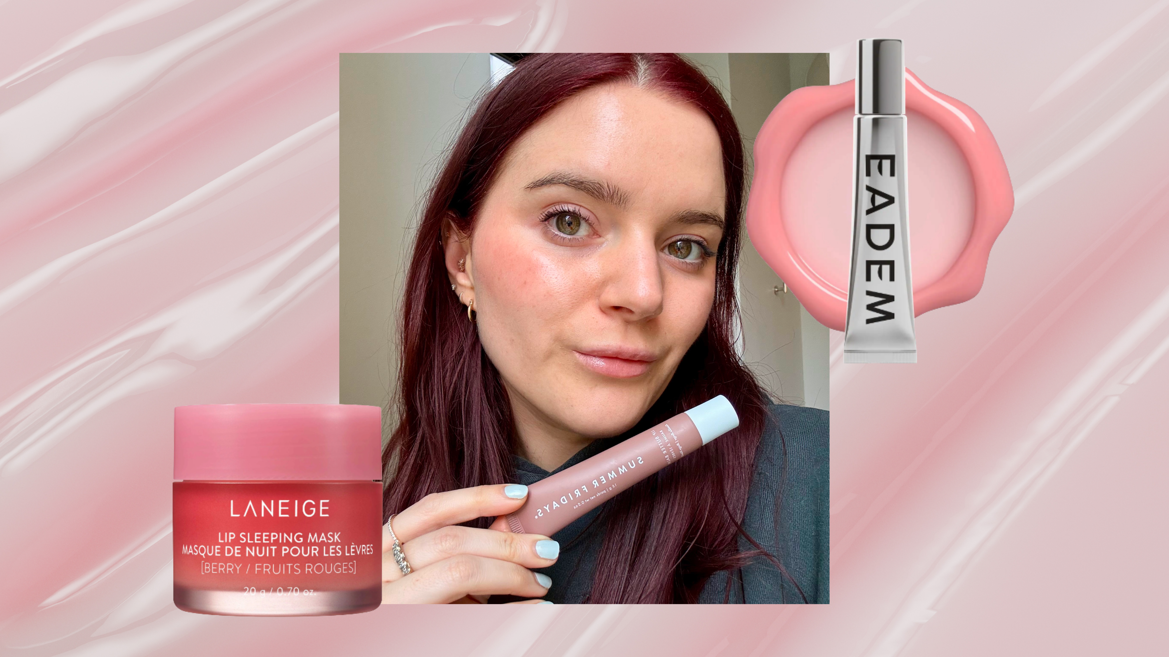 brooke knappenberger holding up summer fridays lip butter balm overlaid with eadem chouchou balm and laneige lip sleeping mask on glossy pink liquid cosmetic texture background