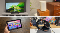 A collage with pictures of the 48-inch LG C6, Sonos Era 100, Amazon Fire HD 8 and Sennheiser HD 505 