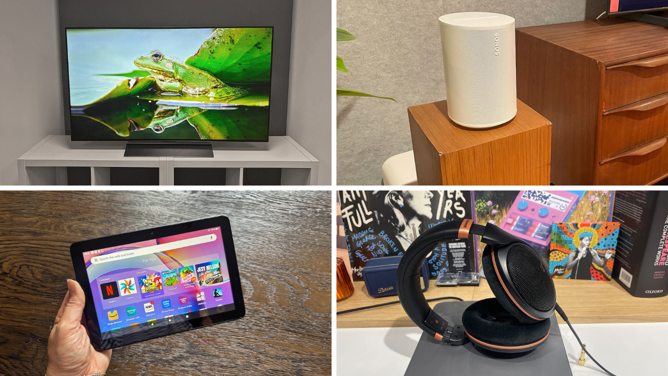 A collage with pictures of the 48-inch LG C6, Sonos Era 100, Amazon Fire HD 8 and Sennheiser HD 505 