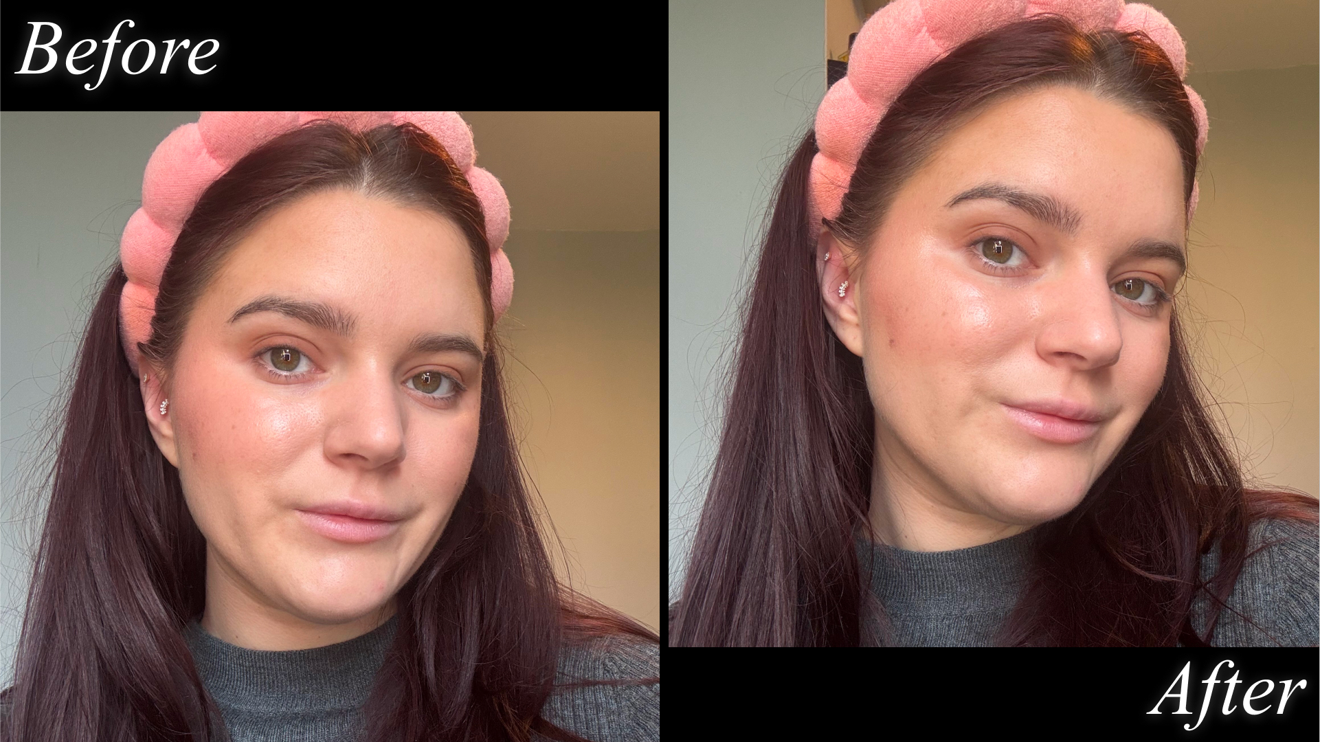 Split image of Brooke Knappenberger testing Merit Beauty Day Glow in Cava with before and after text on black background