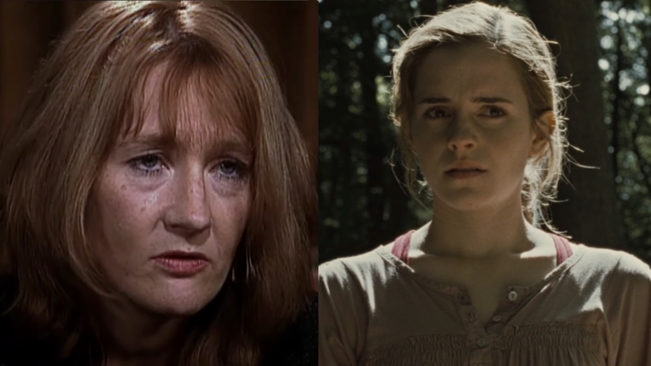 Rowling on 60 Minutes and Watson in Harry Potter 7 side by side 