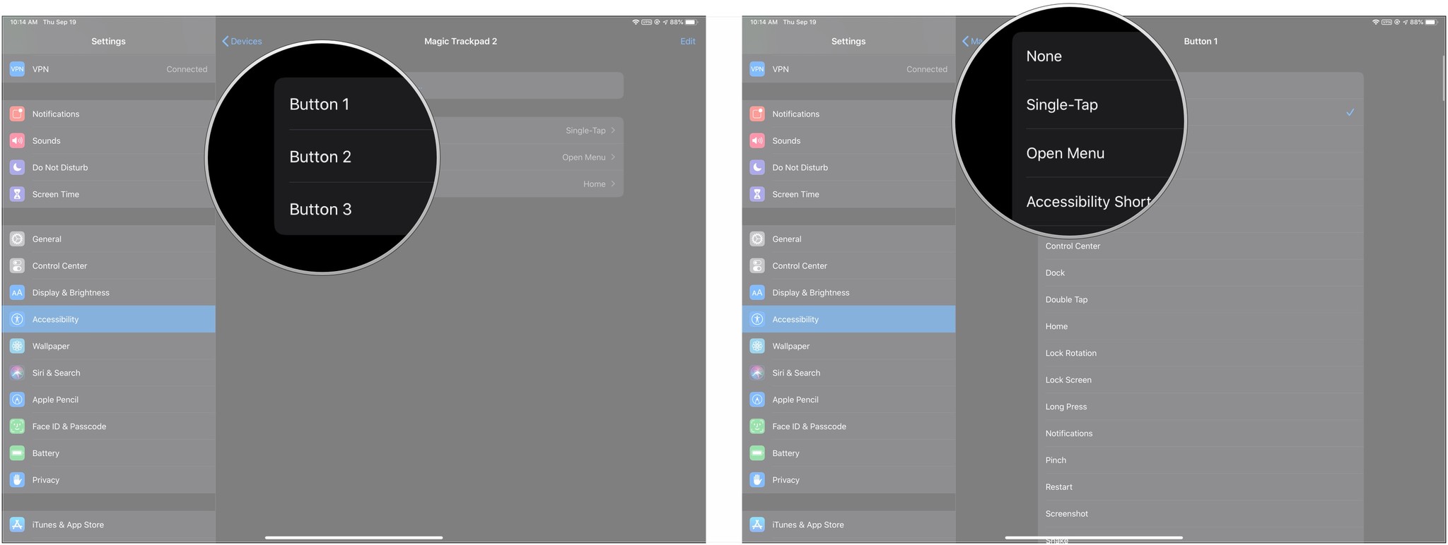 Customize buttons on pointing device on iPad: Tap button labels, tap action