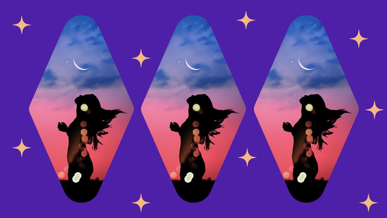 november 2022 new moon feature image; three photos of a woman&#039;s silhouette looking up at the new moon on a purple background