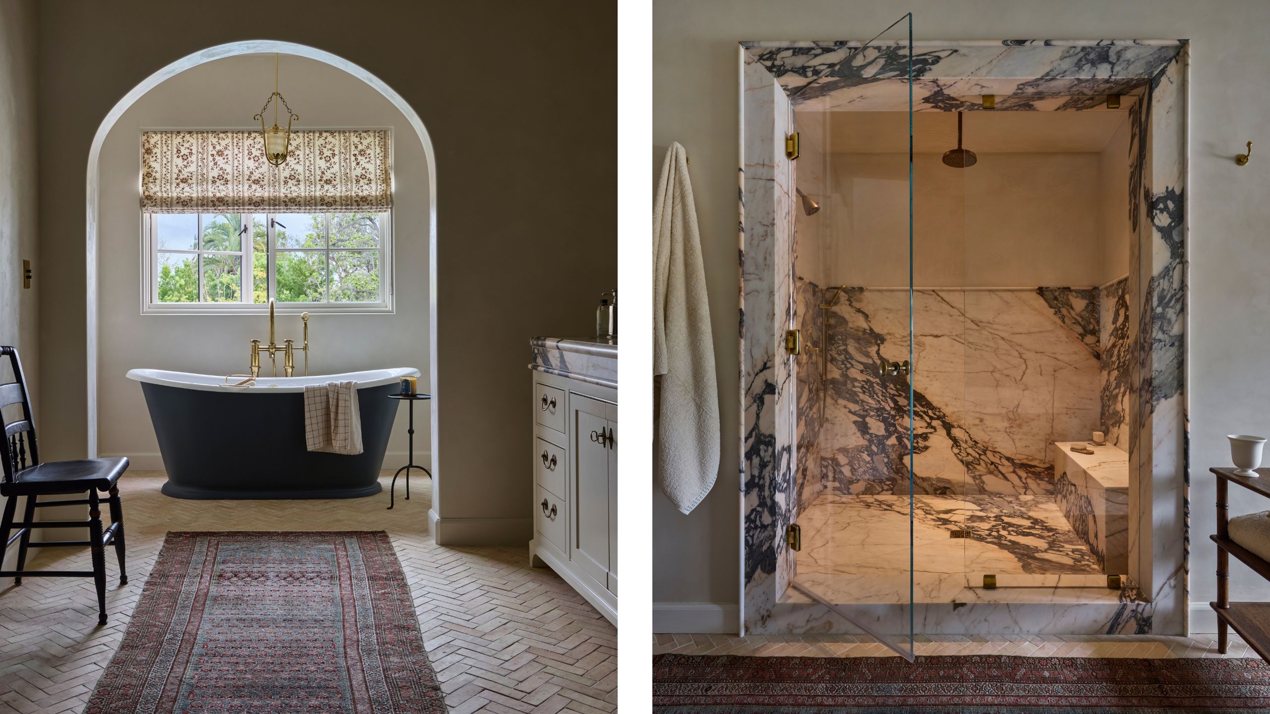 two side by side images of a large primary bath with brick tiled floors, freestanding tub framed under an arch, large marble vanity and a huge marble framed shower