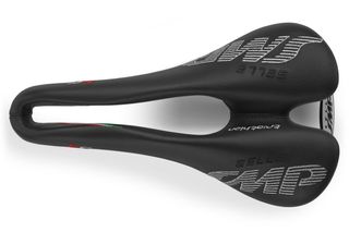 A black SMP T5 saddle on a white background