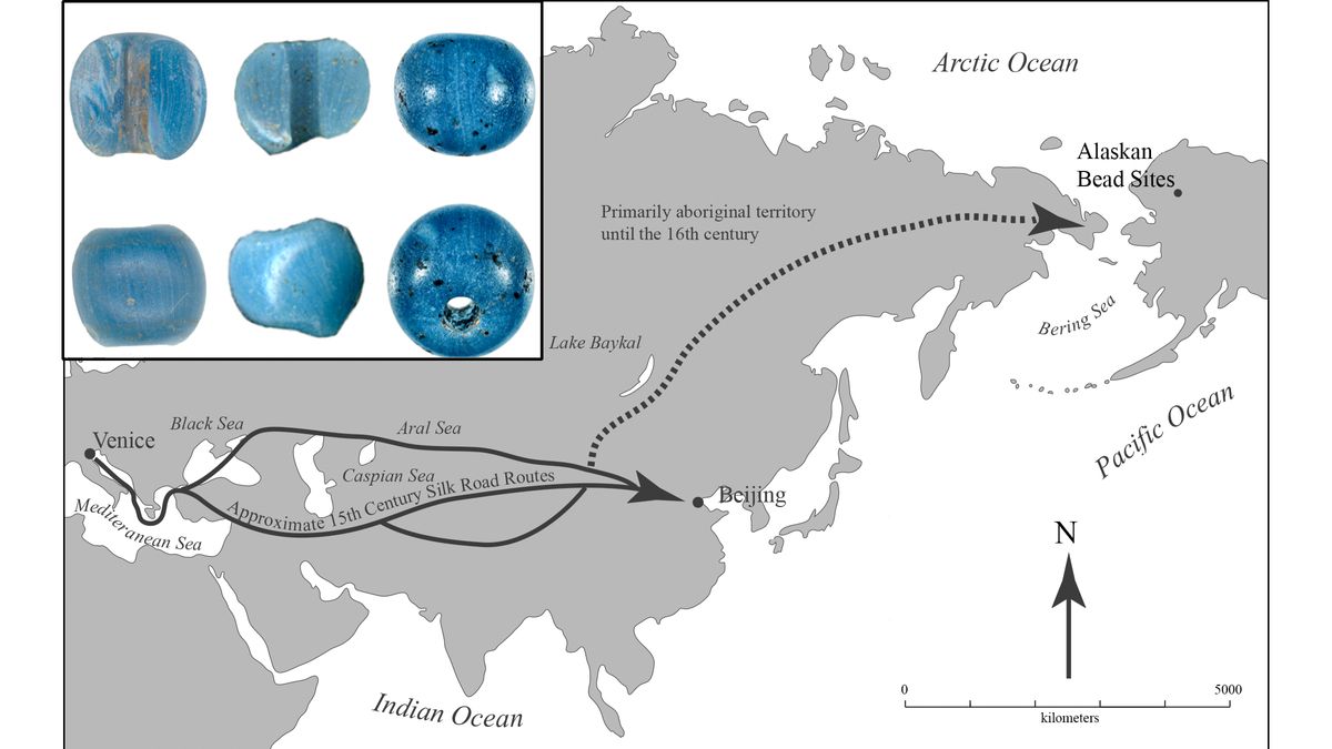 Archaeologists in Arctic Alaska have found blue beads (top left) from Europe, possibly Venice, that might predate Christopher Columbus&#039; voyage to the New World.