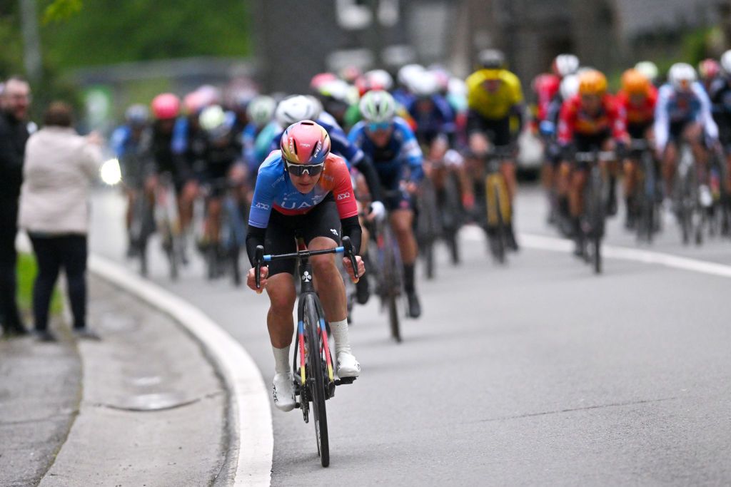 HUY BELGIUM APRIL 17 Alena Amialiusik of Belarus and UAE Team ADQ attacks during the 27th La Fleche Wallonne Feminine 2024 a 146km one day race from Huy to Huy UCIWWT on April 17 2024 in Huy Belgium Photo by Luc ClaessenGetty Images