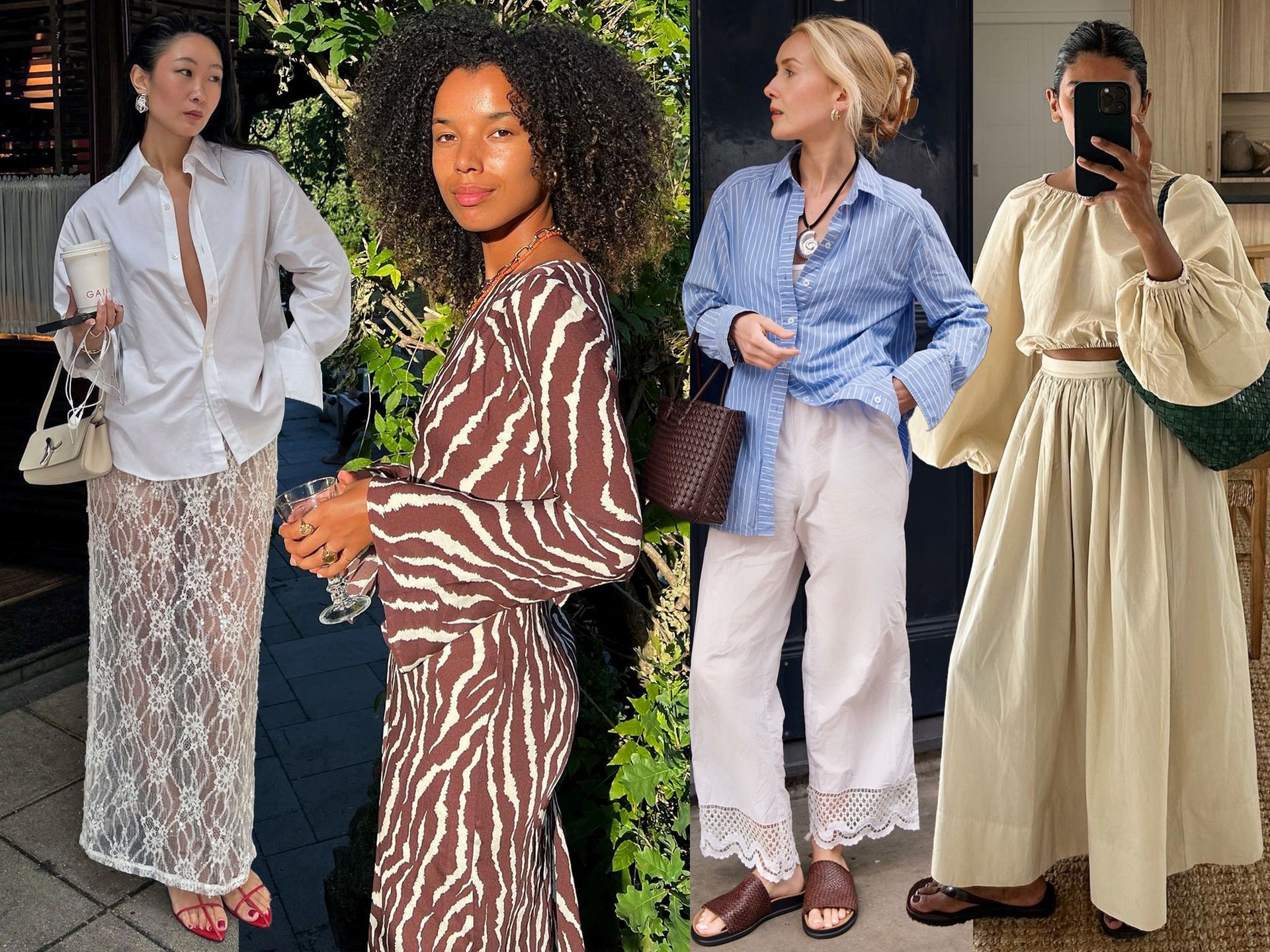 Collage of Caroline Lin, Fia Hamelijnck, Chloe Butler, and Monikh Dale wearing chic, arm-covering summer outfit ideas with long sleeves.
