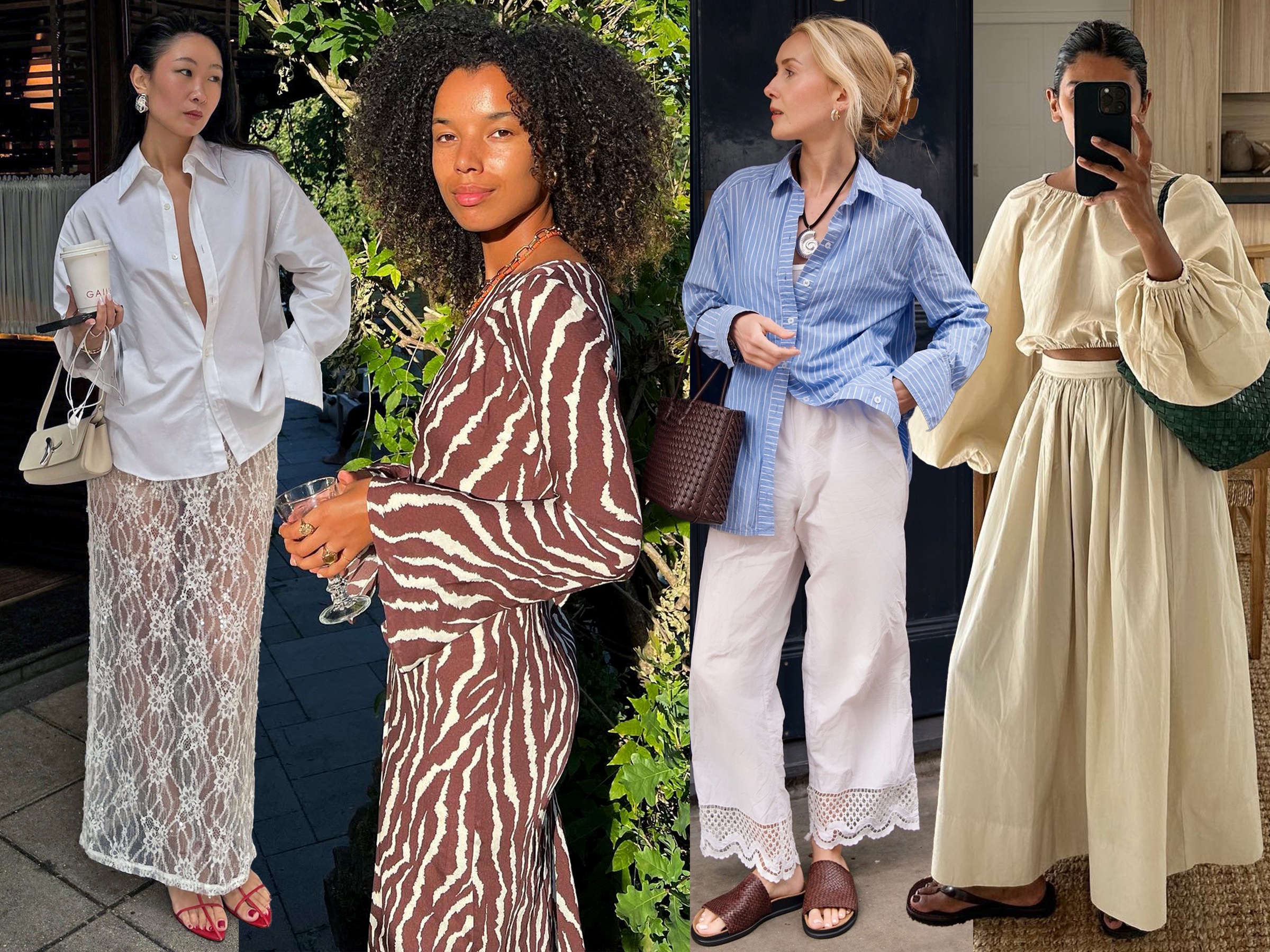Collage of Caroline Lin, Fia Hamelijnck, Chloe Butler, and Monikh Dale wearing chic, arm-covering summer outfit ideas with long sleeves.