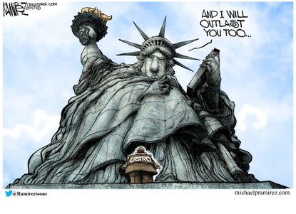 Political cartoon U.S. Trump Cuba Castro relations Statue of Liberty democracy