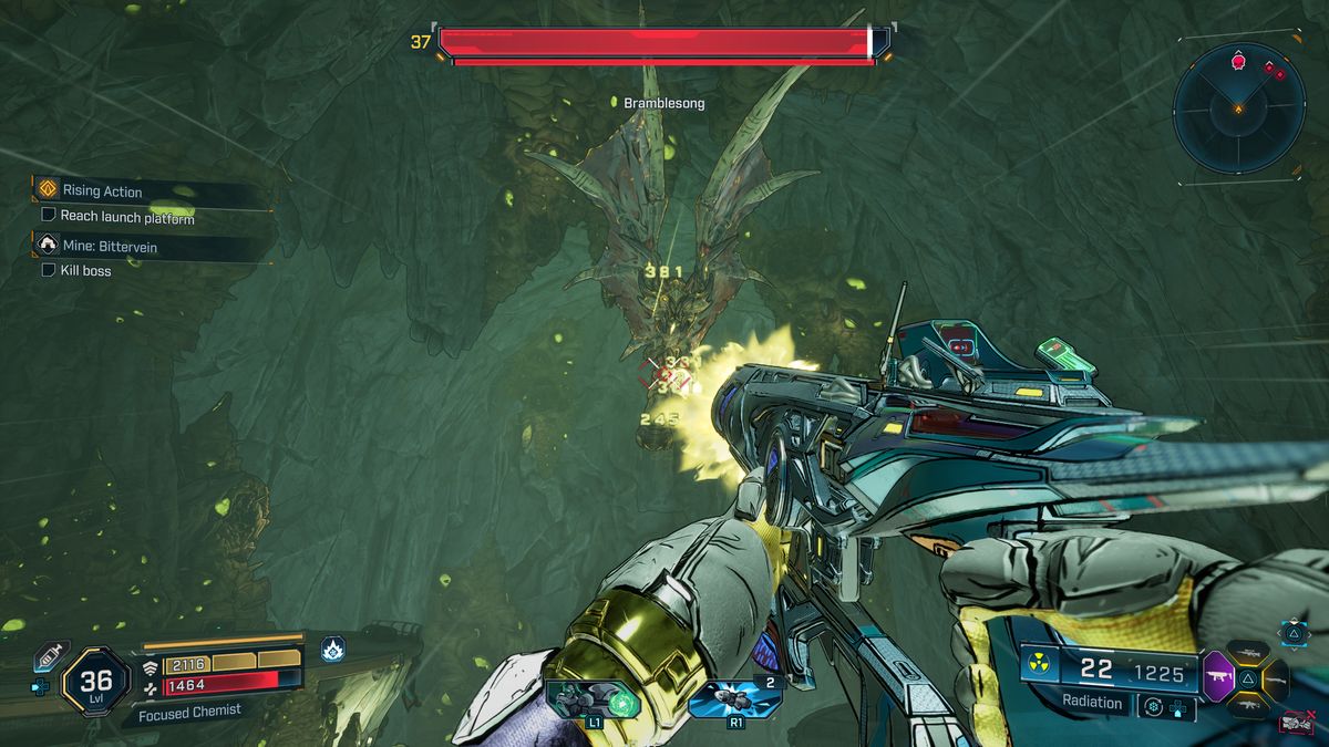 Borderlands 4 Convergence location: A player looking up and firing at the Bramblesong boss inside a dark cave.