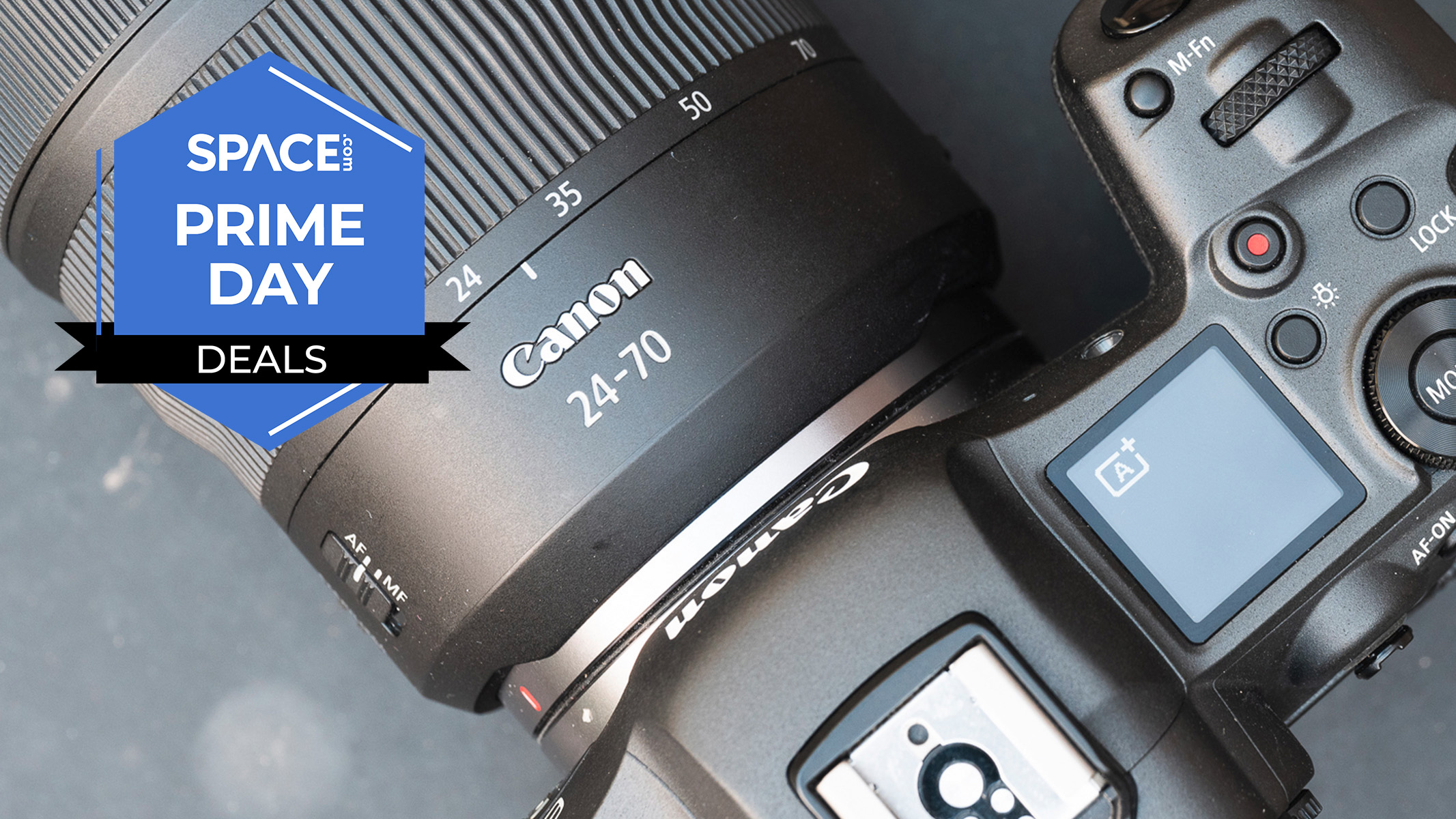 A Canon EOS R5 camera, viewed from above. 