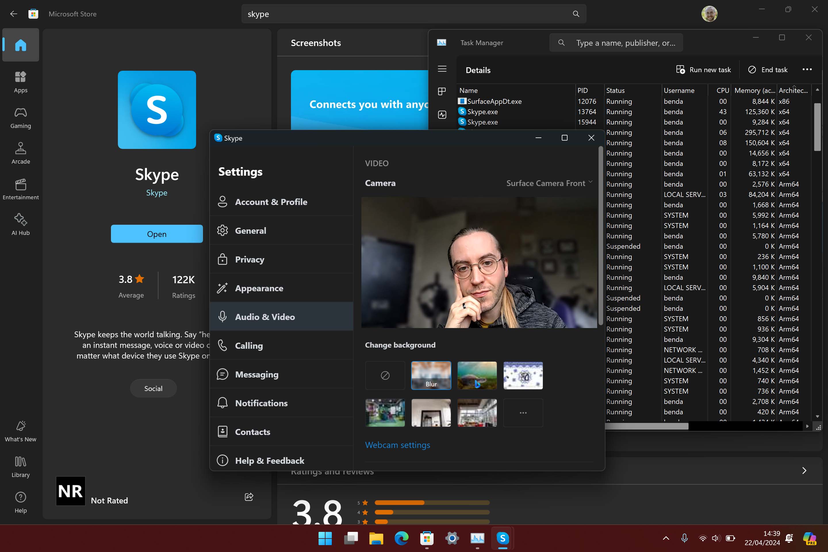 Skype rodando no Arm como um aplicativo x64 com webcam habilitada