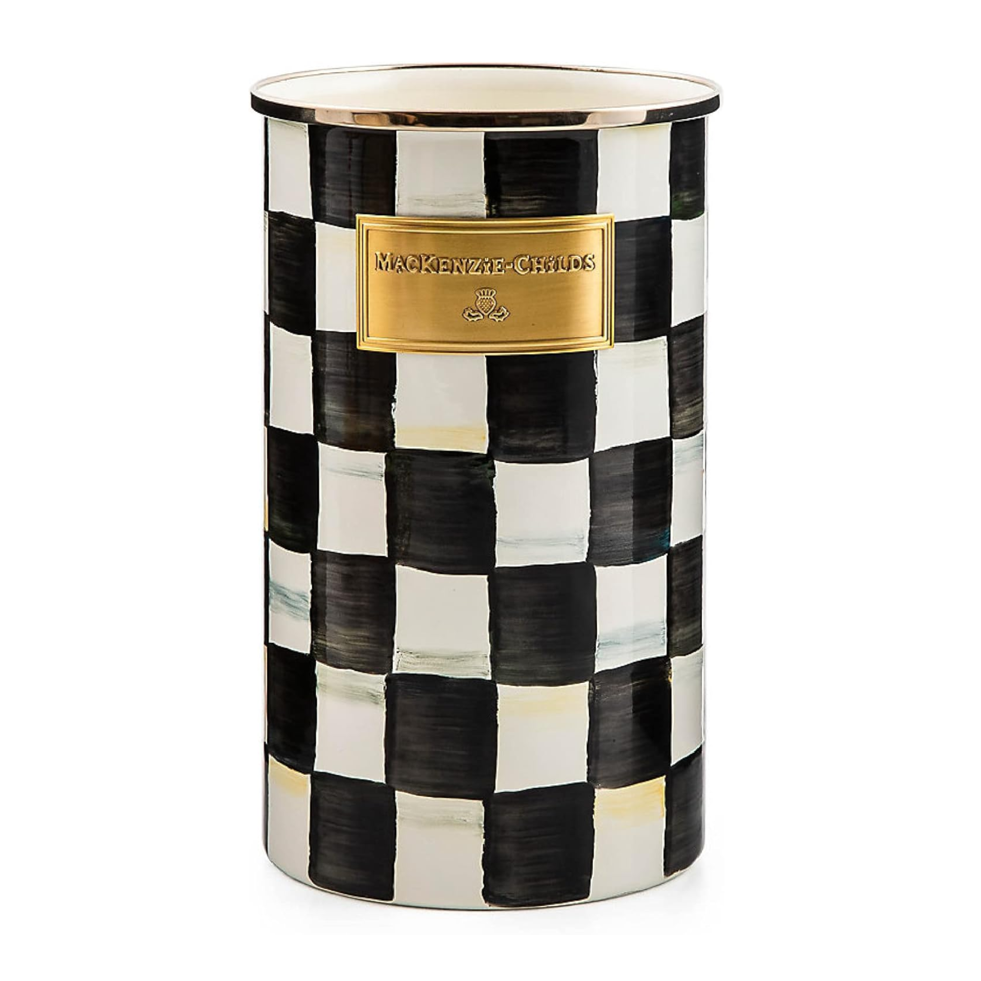 A black and white checked utensil holder