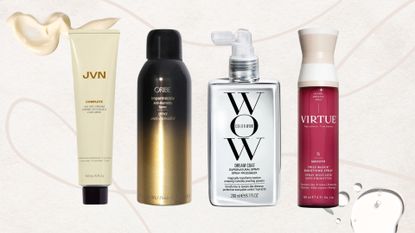 Collage of 4 of the best hair products for humidity from (left to right) JVN, Oribe, Color Wow and Virtue, set against a pale pink background with fine line detail and two product swatches