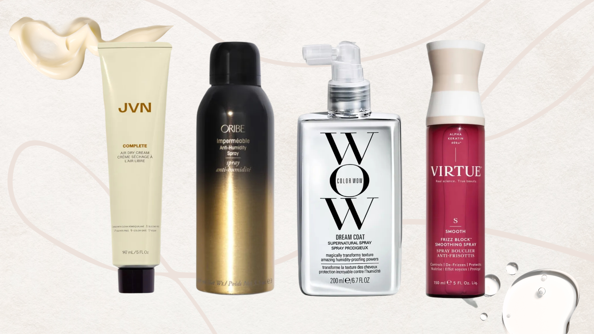 Collage of 4 of the best hair products for humidity from (left to right) JVN, Oribe, Color Wow and Virtue, set against a pale pink background with fine line detail and two product swatches