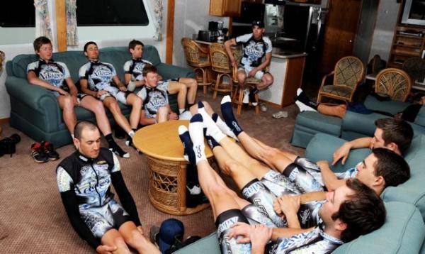The Adageo Energy Pro Cycling Team kicks back and relaxes.