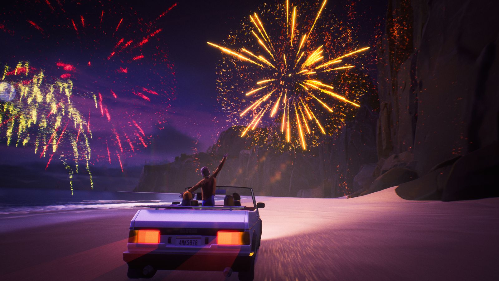 The Mixtape protagonists ride a car on the beach under fireworks
