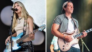 Left-Blu DeTiger performs during the 2022 BottleRock Napa Valley at Napa Valley Expo on May 29, 2022 in Napa, California; Right-Giacomo Turra playing guitar on stage