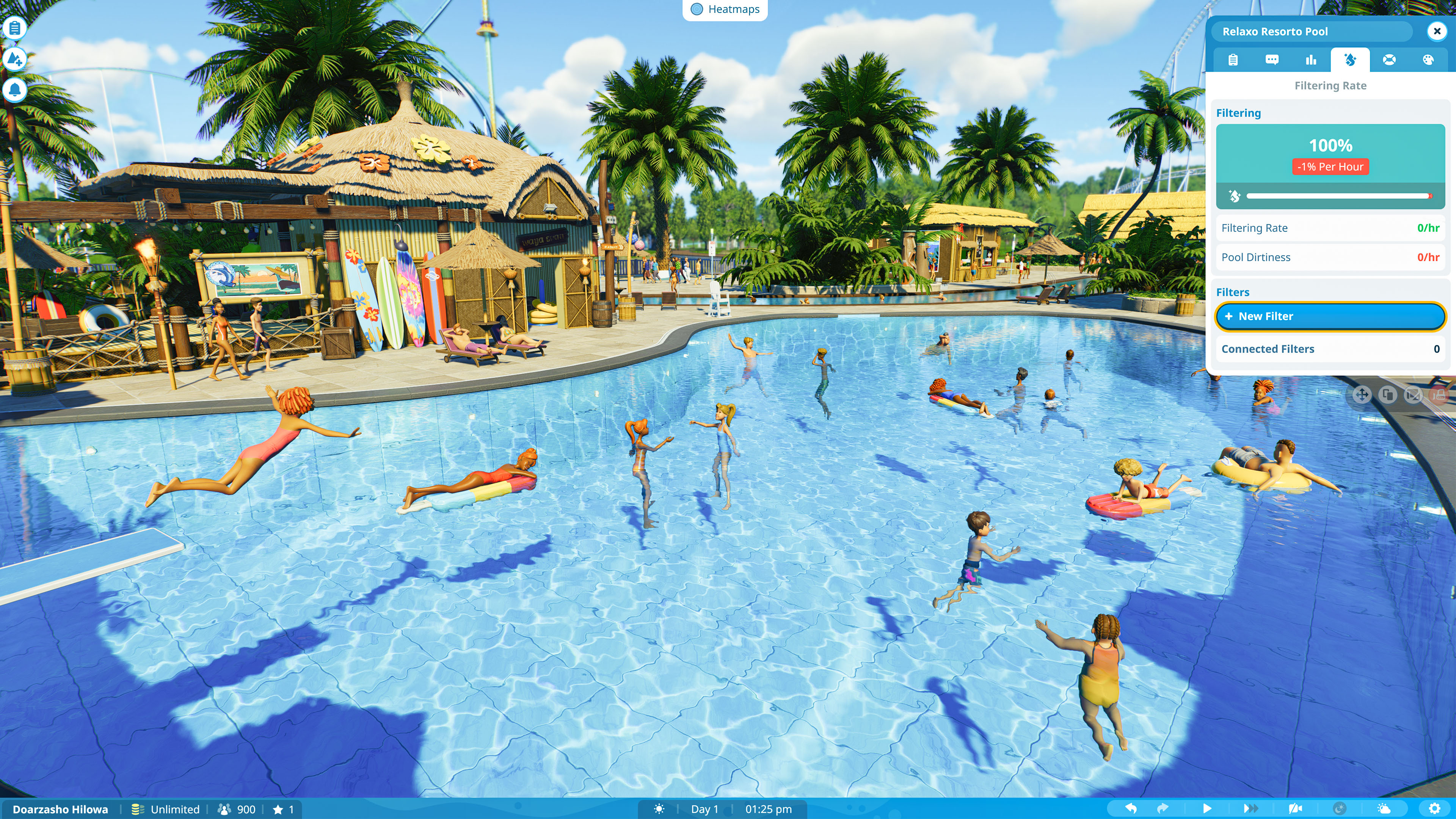 Captura de pantalla de Planet Coaster 2 de personas nadando en una piscina.