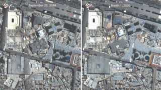 Images from the WorldView-3 satellite show the Hazrat Masumeh Shrine in Qom, Iran, before and after the coronavirus outbreak. The first case of coronavirus in Iran was reported on Feb. 19, 2020.