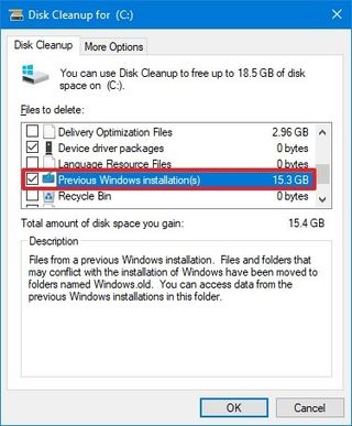 Disk Cleanup delete previous Windows installation option