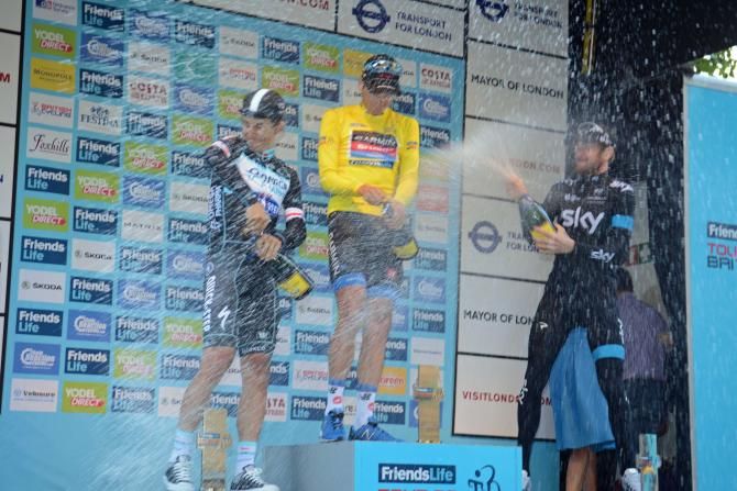 The 2014 Tour of Britain podium: Michal Kwiatkowski, Dylan van Baarle and Bradley Wiggins