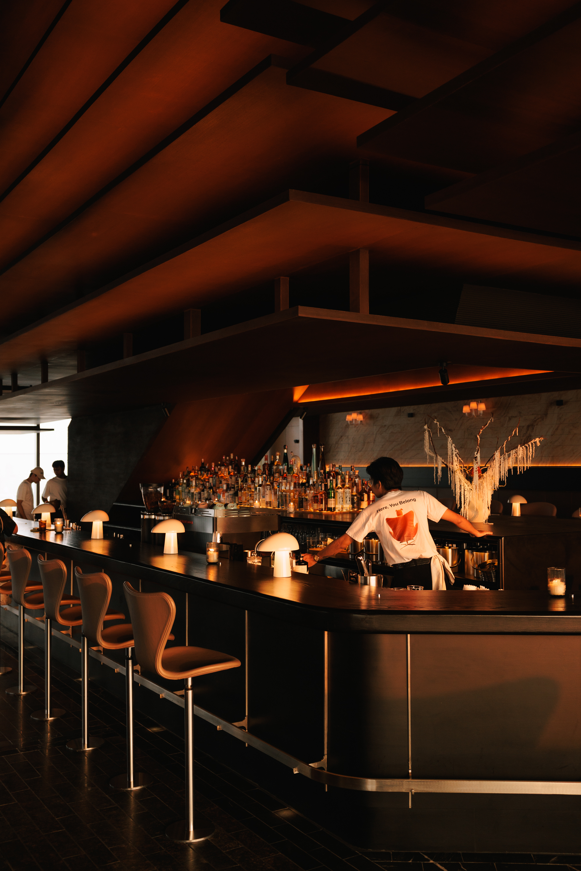 rooftop bar interior with warm wood and Fritz Hansen furniture