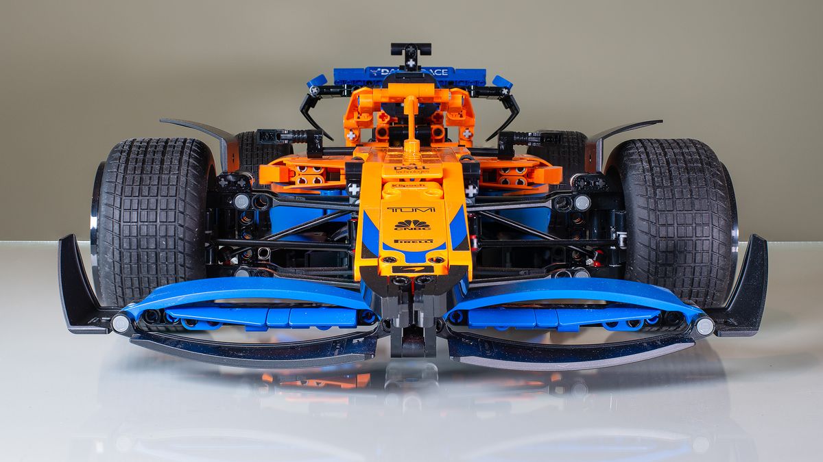 The front wing of the Lego Technic McLaren Formula 1 Race Car